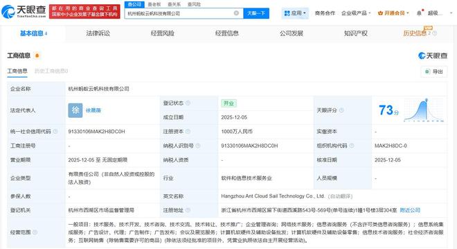 螞蟻集團(tuán)成立云帆科技，注冊(cè)資本1000萬(wàn)布局計(jì)算機(jī)軟硬件零售